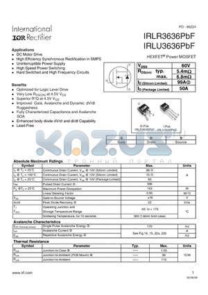 IRLU3636PBF datasheet - HEXFET Power MOSFET