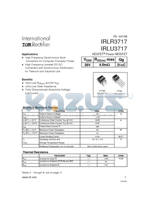 IRLU3717 datasheet - HEXFET Power MOSFET