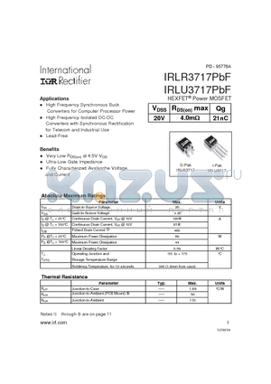 IRLU3717PBF datasheet - HEXFET Power MOSFET