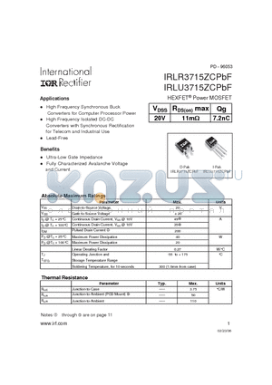 IRLU3715ZCPBF datasheet - HEXFET Power MOSFET
