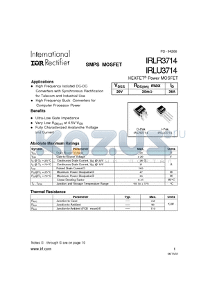 IRLU3714 datasheet - SMPS MOSFET