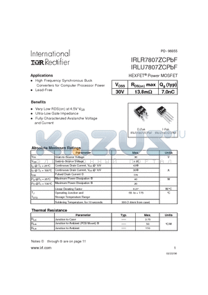 IRLU7807ZCPBF datasheet - HEXFET Power MOSFET