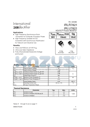 IRLU7821 datasheet - HEXFET Power MOSFET