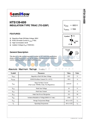 HTS139-600 datasheet - INSULATION TYPE TRIAC (TO-220F)