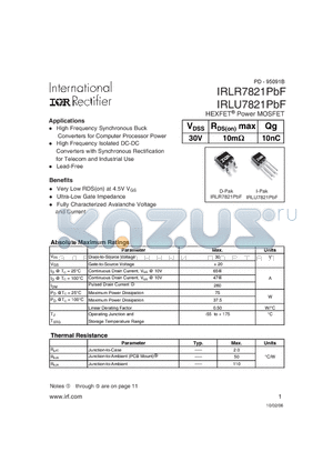 IRLU7821PBF datasheet - HEXFET^ Power MOSFET