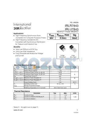 IRLU7843 datasheet - HEXFET Power MOSFET