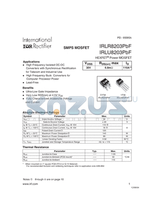 IRLU8203PBF datasheet - SMPS MOSFET