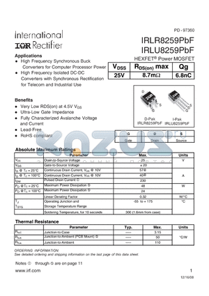 IRLU8259PBF datasheet - HEXFET Power MOSFET