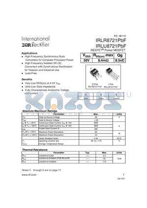 IRLU8721PBF datasheet - HEXFET Power MOSFET