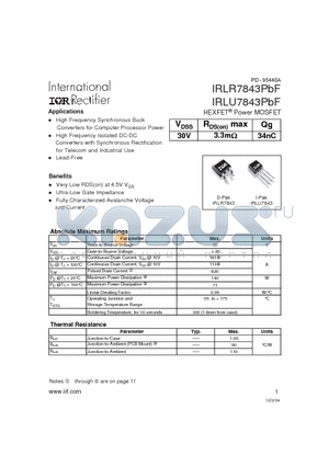 IRLU7843PBF datasheet - HEXFET Power MOSFET