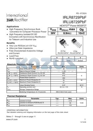IRLU8729PBF datasheet - HEXFET Power MOSFET