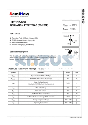 HTS137-600 datasheet - INSULATION TYPE TRIAC (TO-220F)