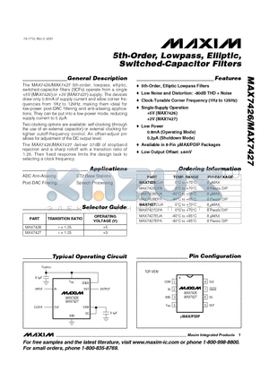 MAX7426EUA datasheet - 5th-Order, Lowpass, Elliptic, Switched-Capacitor Filters