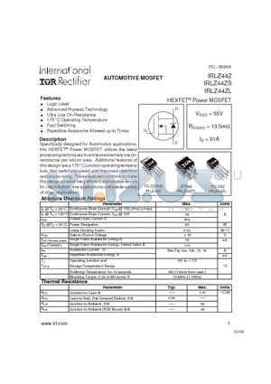 IRLZ44ZS datasheet - AUTOMOTIVE MOSFET