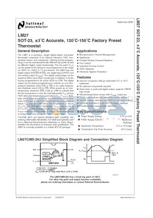 LM27 datasheet - SOT-23, a3`C Accurate, 120`C-150`C Factory Preset Thermostat