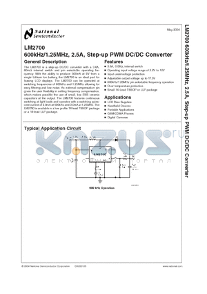 LM2700MT-ADJ datasheet - 600kHz/1.25MHz, 2.5A, Step-up PWM DC/DC Converter