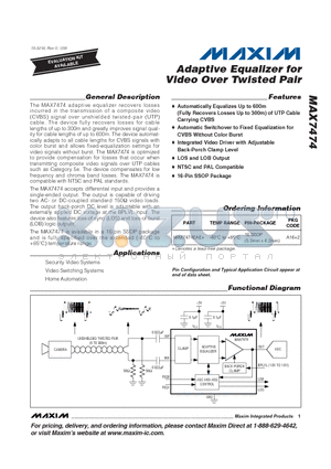 MAX7474 datasheet - Adaptive Equalizer for Video Over Twisted Pair