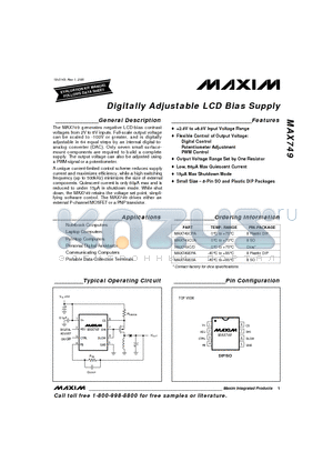 MAX749CPA datasheet - Digitally Adjustable LCD Bias Supply