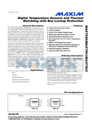 MAX7501 datasheet - Digital Temperature Sensors and Thermal Watchdog with Bus Lockup Protection