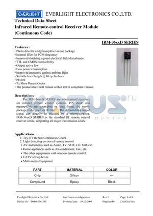 IRM-3638D datasheet - Infrared Remote-control Receiver Module (Continuous Code)