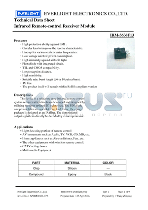 IRM-3638F13 datasheet - Infrared Remote-control Receiver Module