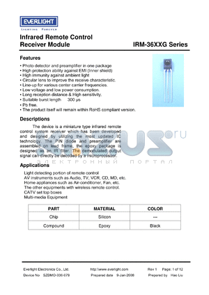 IRM-3638G datasheet - Infrared Remote Control Receiver Module