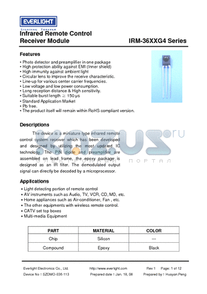 IRM-3638G4 datasheet - Infrared Remote Control Receiver Module