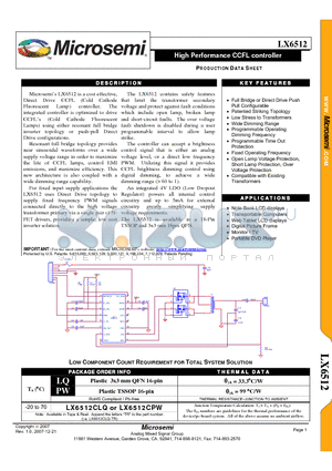 LX6512 datasheet - High Performance CCFL controller