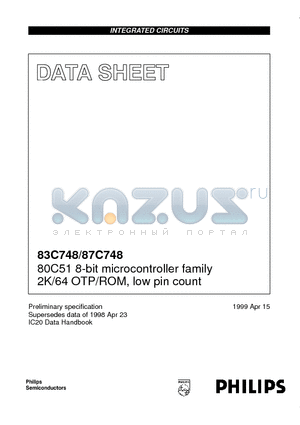 P83C748EBAA datasheet - 80C51 8-bit microcontroller family 2K/64 OTP/ROM, low pin count
