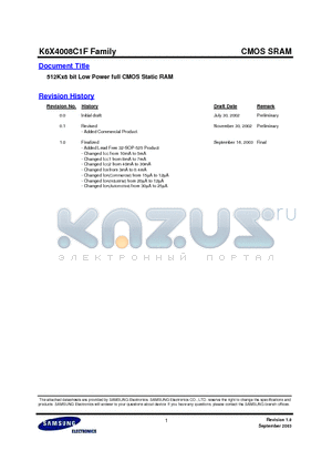 K6X4008C1F-BB70 datasheet - 512Kx8 bit Low Power full CMOS Static RAM