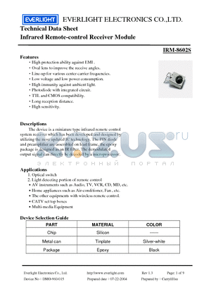 IRM-8602S datasheet - INFRARED REMOTE CONTROL RECEIVER MODULE