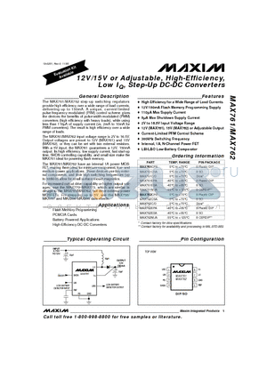 MAX761CPA datasheet - 12V/15V or Adjustable, High-Efficiency, Low IQ, Step-Up DC-DC Converters