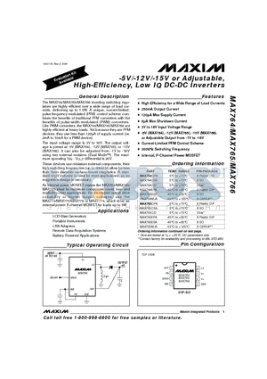 MAX764 datasheet - -5V/-12V/-15V or Adjustable, High-Efficiency, Low IQ DC-DC Inverters
