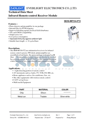 IRM-8871S-F72 datasheet - Infrared Remote-control Receiver Module