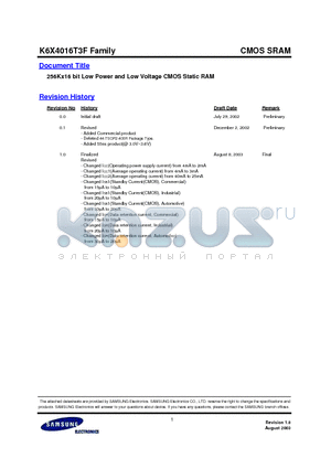 K6X4016T3F datasheet - 256Kx16 bit Low Power and Low Voltage CMOS Static RAM