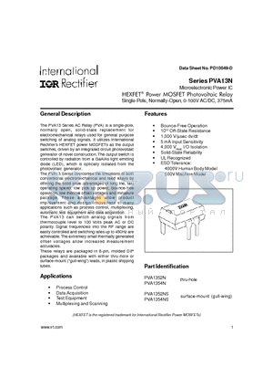 PVA1352N datasheet - POWER MOSFET PHOTOVOLTAIC RELAY SINGLE POLE NORMALLY-OPEN 0-100V AC/DC 375MA