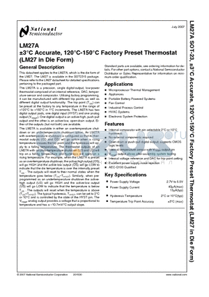 LM27A datasheet - a3`C Accurate, 120`C-150`C Factory Preset Thermostat (LM27 in Die Form)