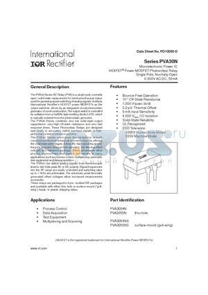 PVA3055NS datasheet - Microelectronic Power IC HEXFET Power MOSFET Photovoltaic Relay Single-Pole, Normally-Open 0-300V AC/DC, 50mA