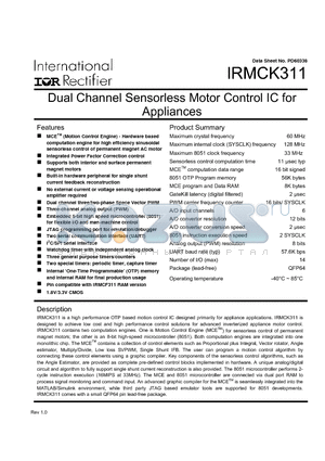 IRMCK311 datasheet - Dual Channel Sensorless Motor Control IC for Appliances