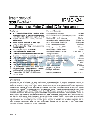 IRMCK341TY datasheet - Sensorless Motor Control IC for Appliances
