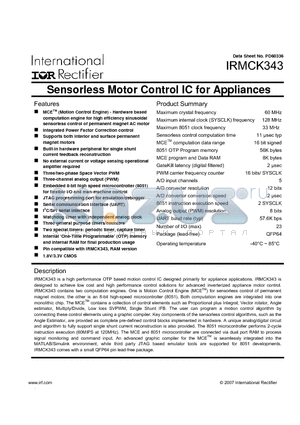 IRMCK343 datasheet - Sensorless Motor Control IC for Appliances