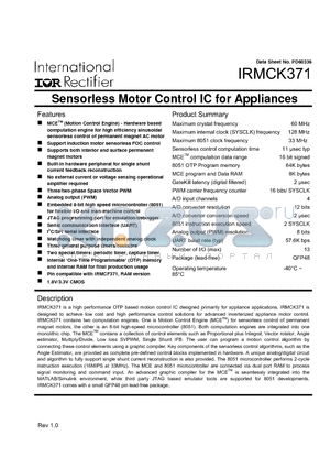 IRMCK371 datasheet - Sensorless Motor Control IC for Appliances