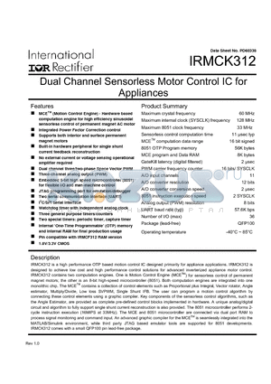 IRMCK312 datasheet - Dual Channel Sensorless Motor Control IC for Appliances