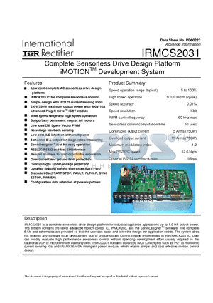 IRMCS2031 datasheet - Complete Sensorless Drive Design Platform iMOTION Development System