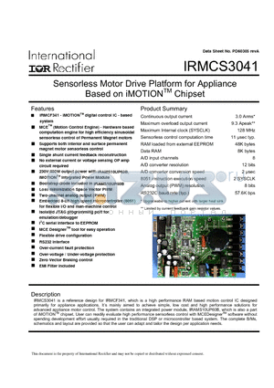 IRMCS3041 datasheet - Sensorless Motor Drive Platform for Appliance Based on iMOTION Chipset