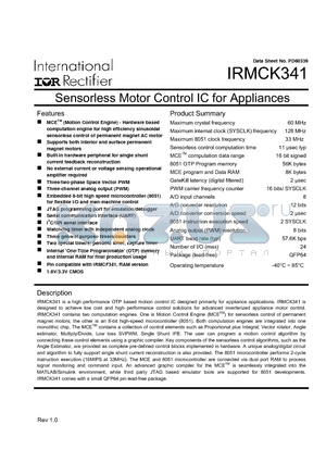 IRMCK341 datasheet - Sensorless Motor Control IC for Appliances