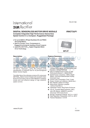 IRMCT3UF1H datasheet - Complete Integrated High Performance Sensorless Speed Control in a Compact, Ruggedized Package