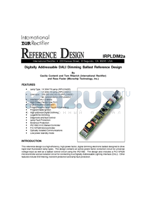 IRPLDIM2A datasheet - Digitally Addressable DALI Dimming Ballast Reference Design