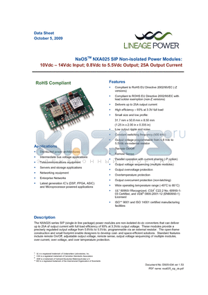 NXA025A0X-PZ datasheet - NaOSTM NXA025 SIP Non-isolated Power Modules