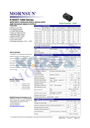 K7805T-1000 datasheet - WIDE INPUT, NON-ISOLATED & REGULATED SMD PACKAGE SINGLE OUTPUT